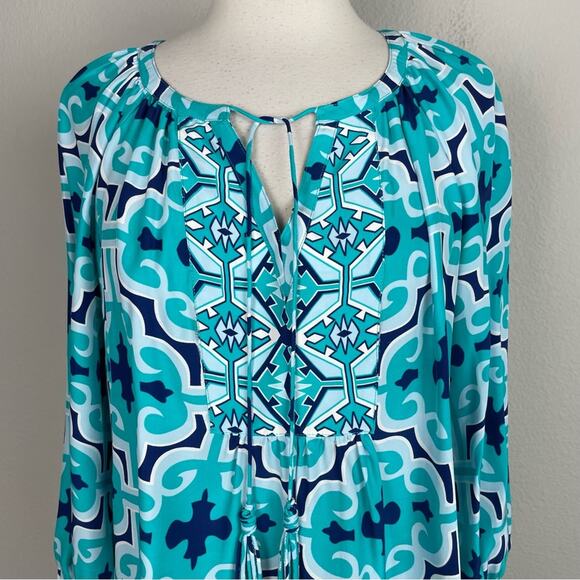Annie Griffin Navy Green White Silk Long Sleeve Pop Over Top Medium - Picture 2 of 10